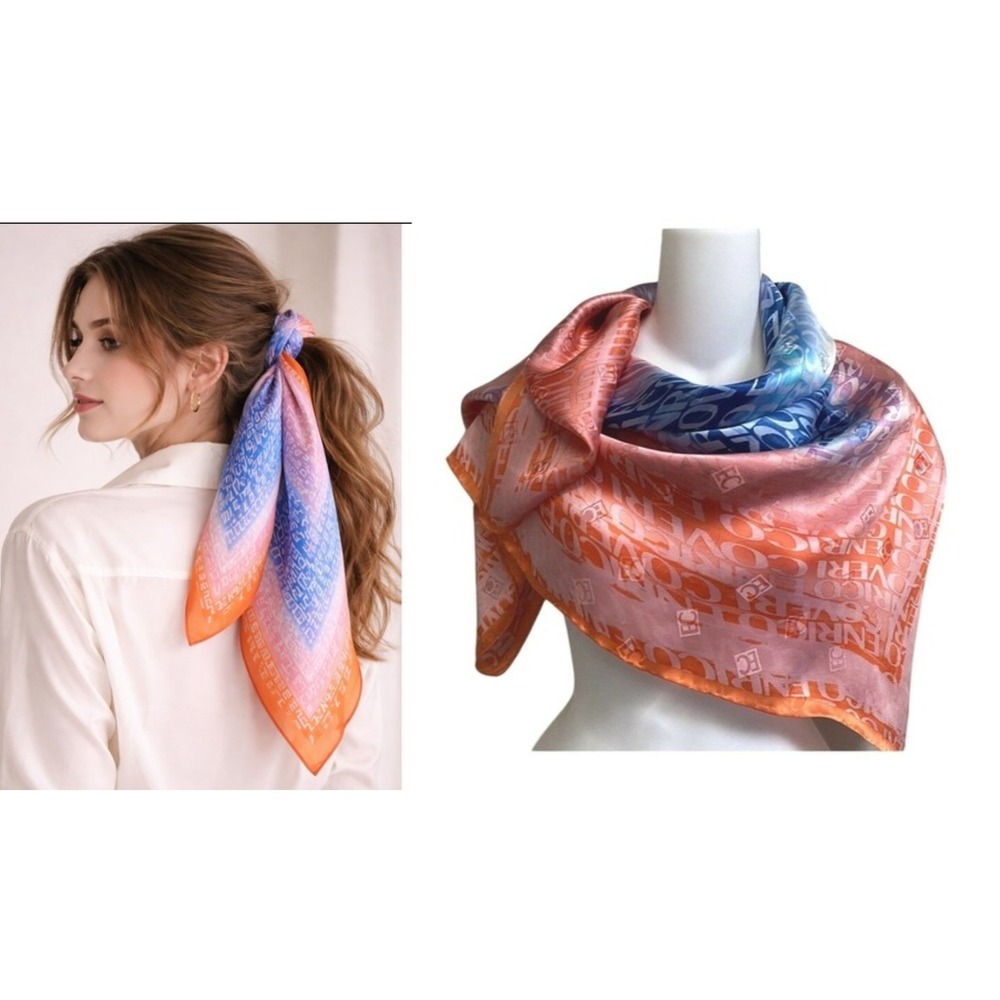 Enrico‎ Coveri Women Blue Orange Ombre Logo Print Square Silk Scarf 35" X 35"